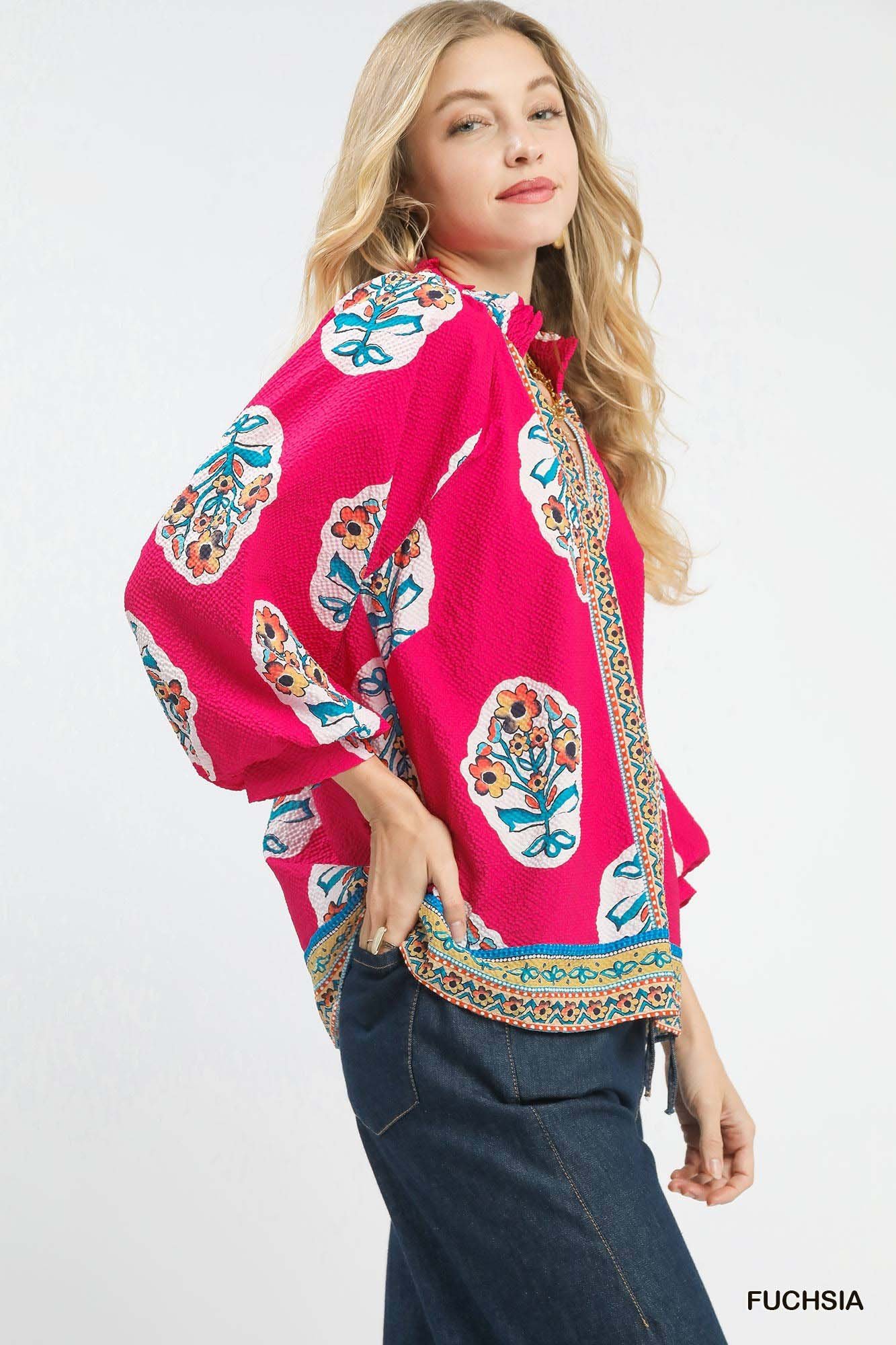 Umgee Boho Floral Print Tunic Blouse