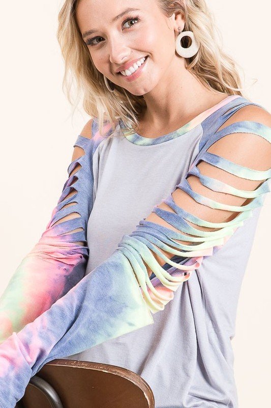 BiBi BiBi Jersey Knit Top with Tie Dye Laser Cut Sleeves