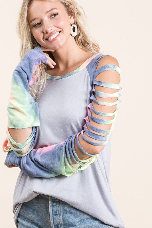 BiBi BiBi Jersey Knit Top with Tie Dye Laser Cut Sleeves - Image 4
