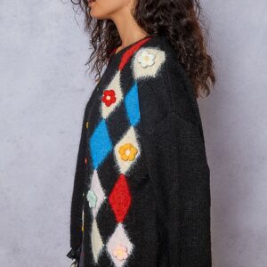 2025/10/1000913519.jpg POL POL Button Down Diamond Pattern Round Neck Cardigan