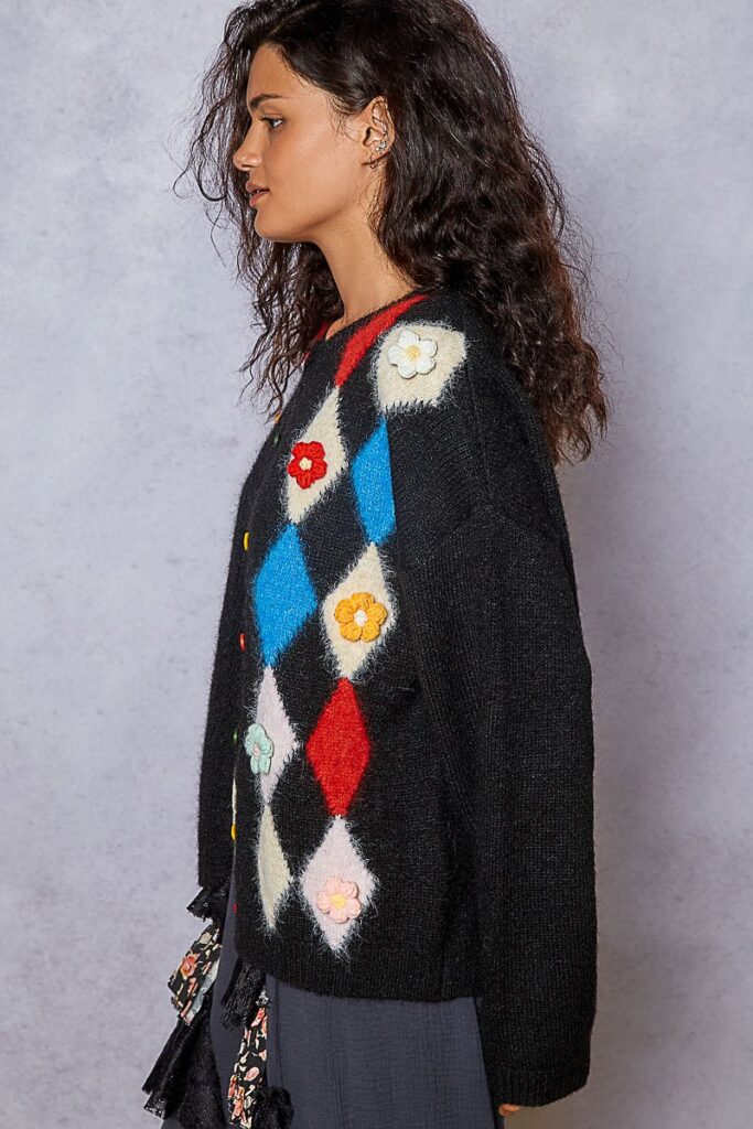 POL POL Button Down Diamond Pattern Round Neck Cardigan