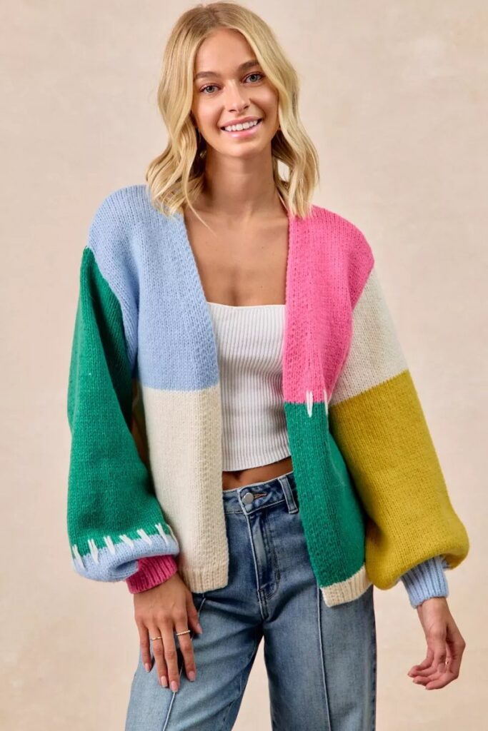 BiBi BiBi Color Block Open Front Sweater Cardigan