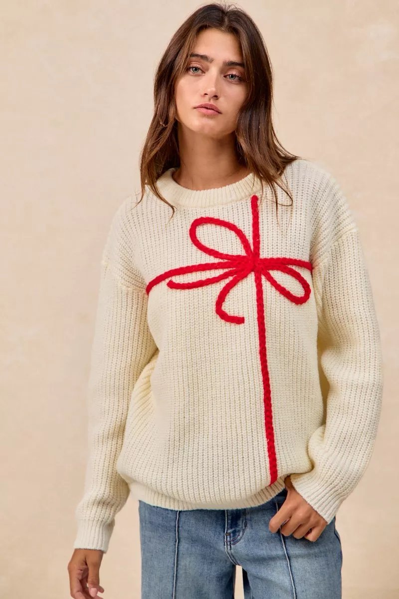 Ribbon Bow Embroidery Sweater