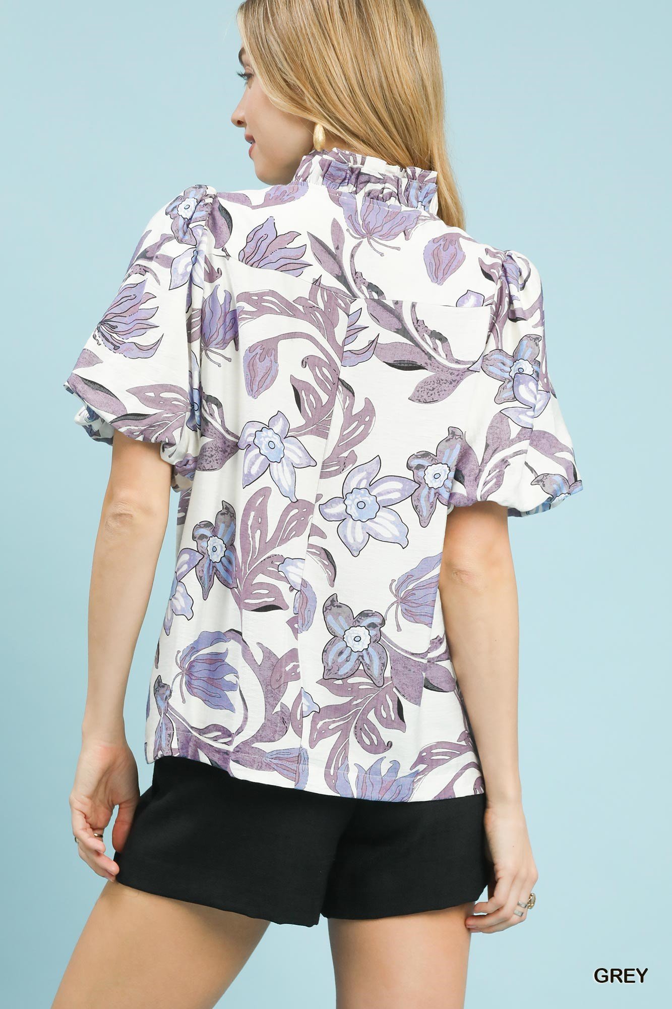 Blossom Print Puff Sleeve Top with Ruffle Trim Detail - Image 2